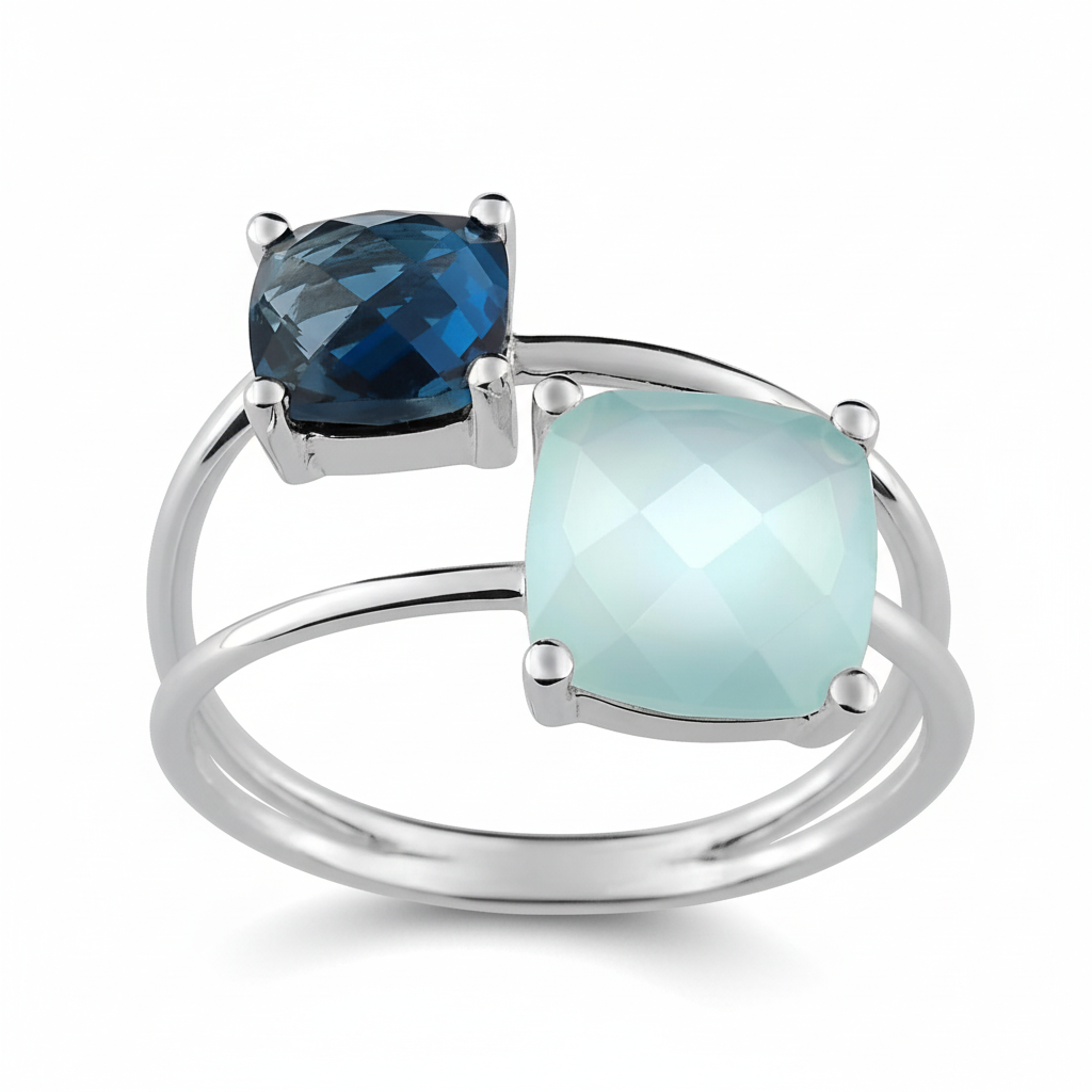 Bague Or Blanc 18k bleu Topaze Vert