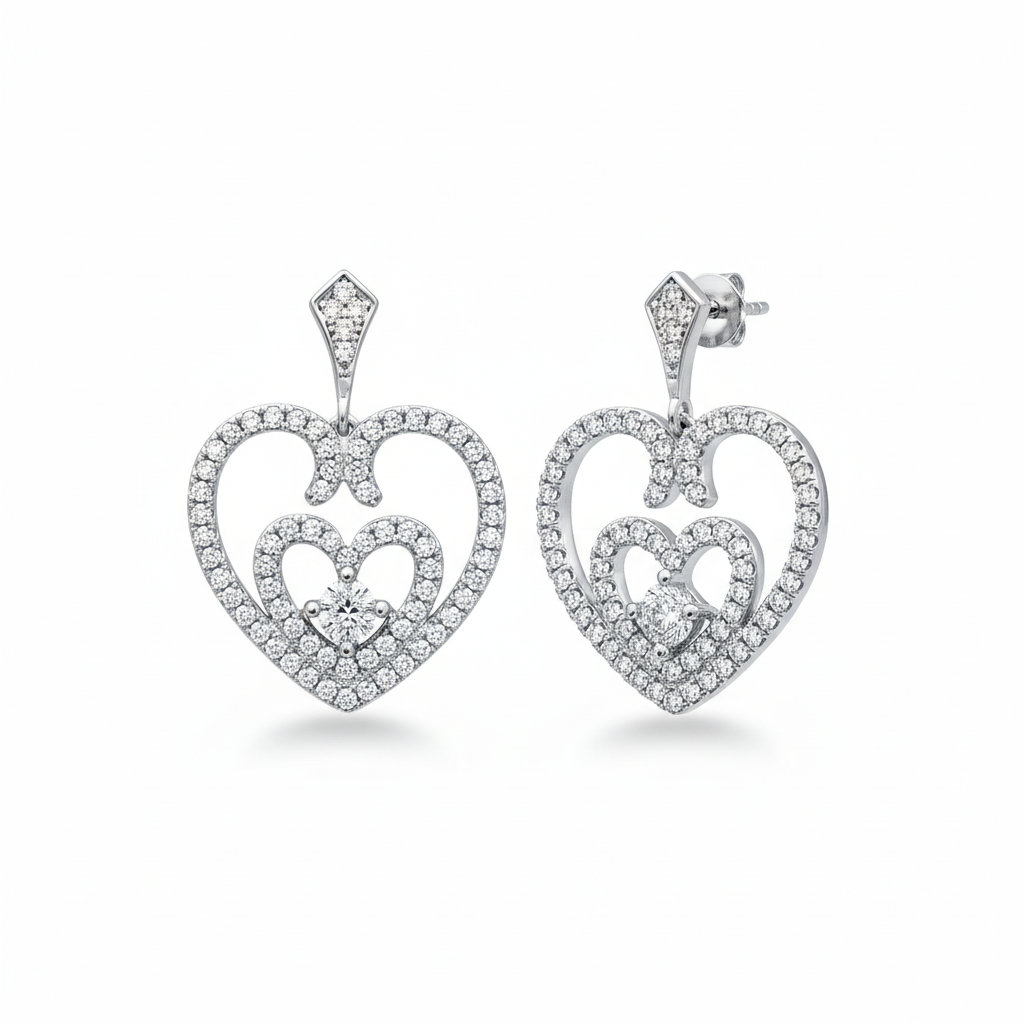 Boucles d'oreilles Pendantes Argent Rhodié Zirconium Coeurs