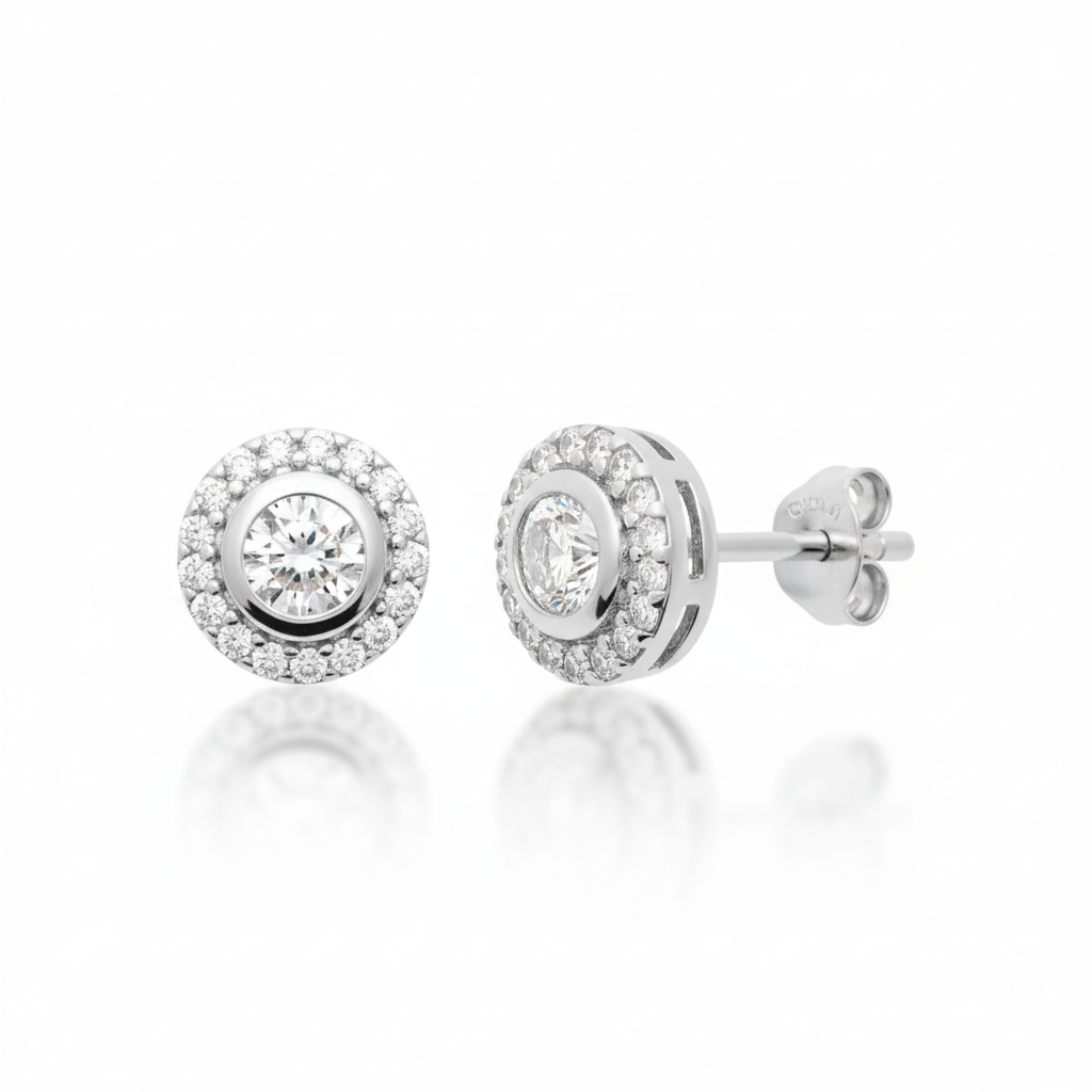 Boucles d'oreilles Solitaire Argent Rhodié Zirconium Joaillerie Entourage