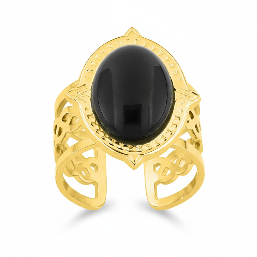 Bague Acier Doré Agate Noir