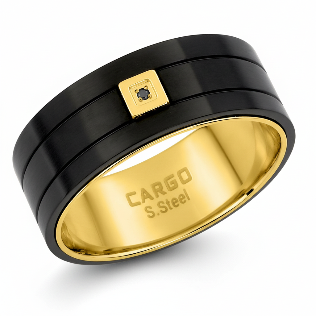 Bague Homme Acier IP jaune,noir Diamant 0.005ct Noir
