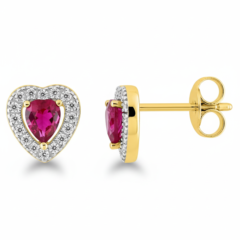 Boucles d'oreilles Clous Plaqué Or Rhodié Zirconium Blanc Rouge Coeur - Boucles d'oreilles