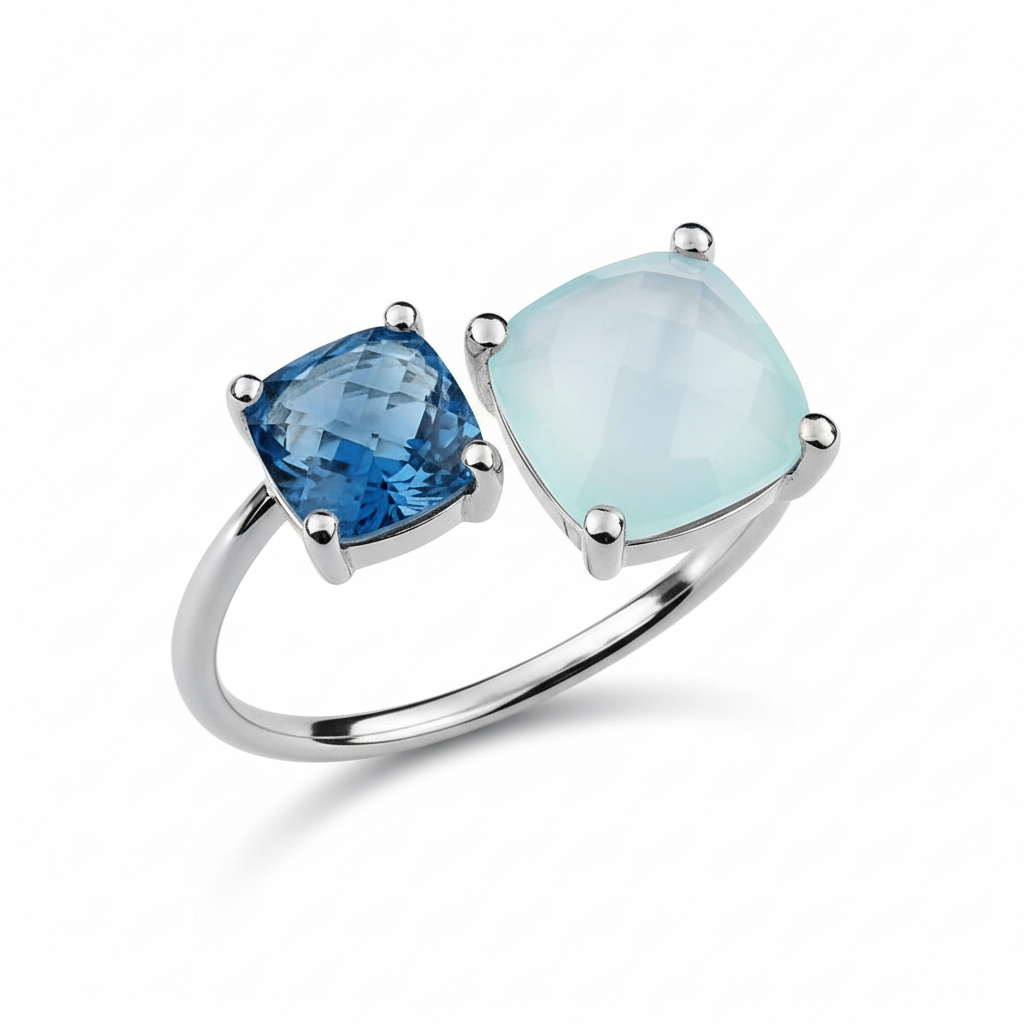 Bague Or Blanc 18k bleu Topaze Vert