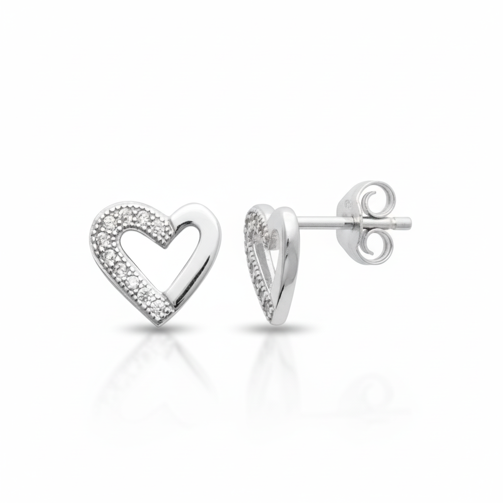 Boucles d'oreilles Clous Argent Rhodié Zirconium Coeurs