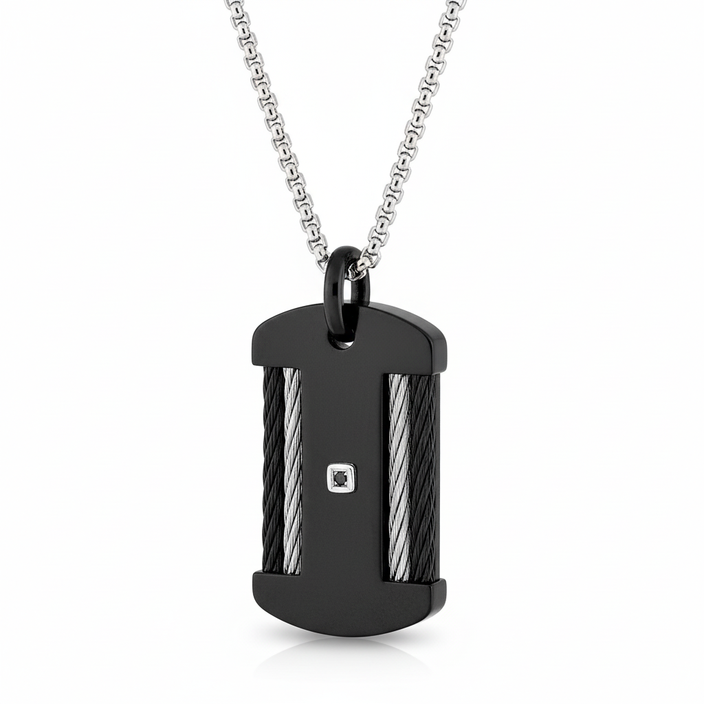 Collier Homme Acier IP noir Longueur 50cm Diamant 0.005ct Noir