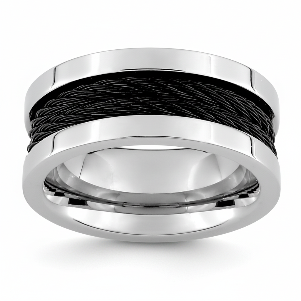 Bague Homme Acier Blanc et Noir