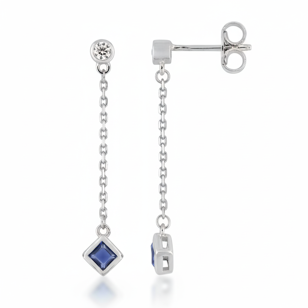 Boucles d'oreilles Pendantes Argent Rhodié Zirconium Blanc Bleu - Boucles d'oreilles