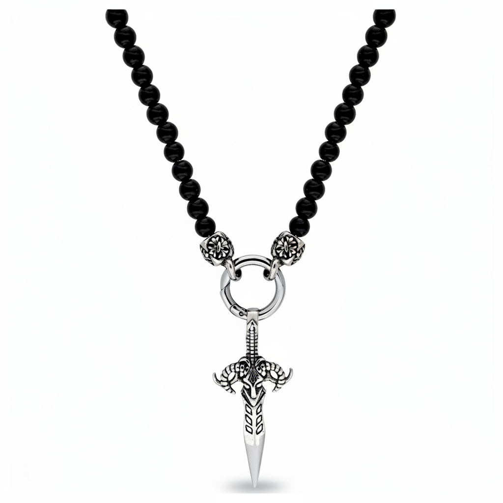 Collier Homme Acier Noirci Longueur 55cm Agate Noir Épée - Collier