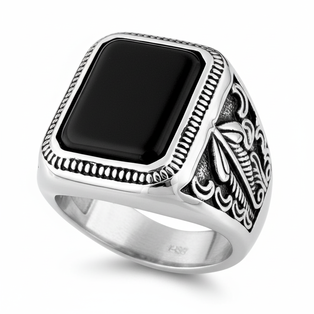Chevalière Homme Acier Agate Noir - Bague