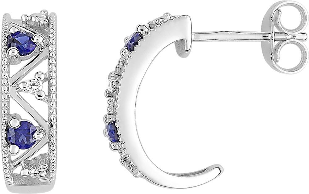 Boucles d'oreilles Demi-créoles Or Blanc Diamant 0.01ct GH P2 Saphir - Boucles d'oreilles