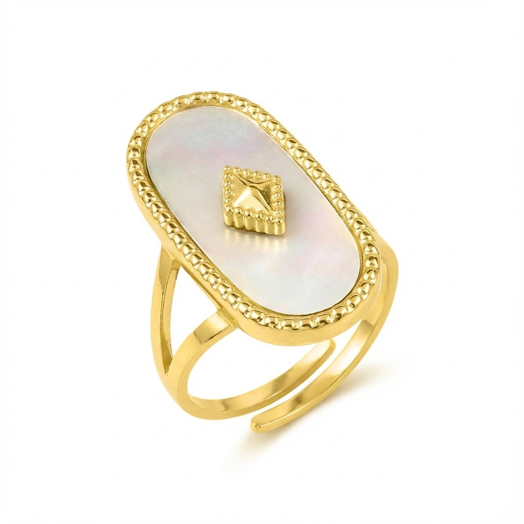 Bague Acier Doré Nacre Blanc