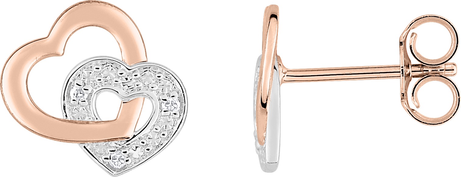 Boucles d'oreilles Clous Or Rose et Blanc 18k Diamant 0.01ct GH P1 Coeur