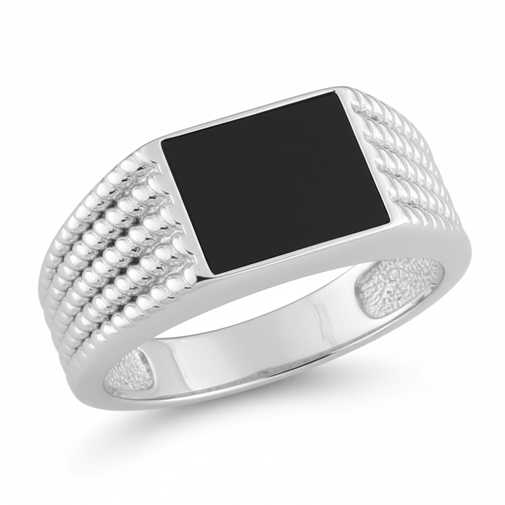 Chevalière Homme Argent Rhodié Onyx - Bague