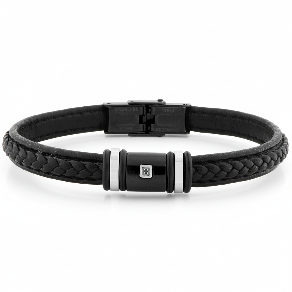 Bracelet Homme Acier IP noir Longueur 20cm Diamant 0.005ct Noir