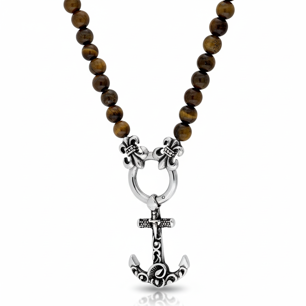 Collier Homme Acier Noirci Longueur 55cm Oeil de tigre Ancre Marine - Collier