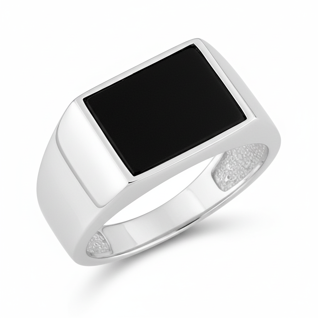 Chevalière Homme Argent Rhodié Onyx - Bague