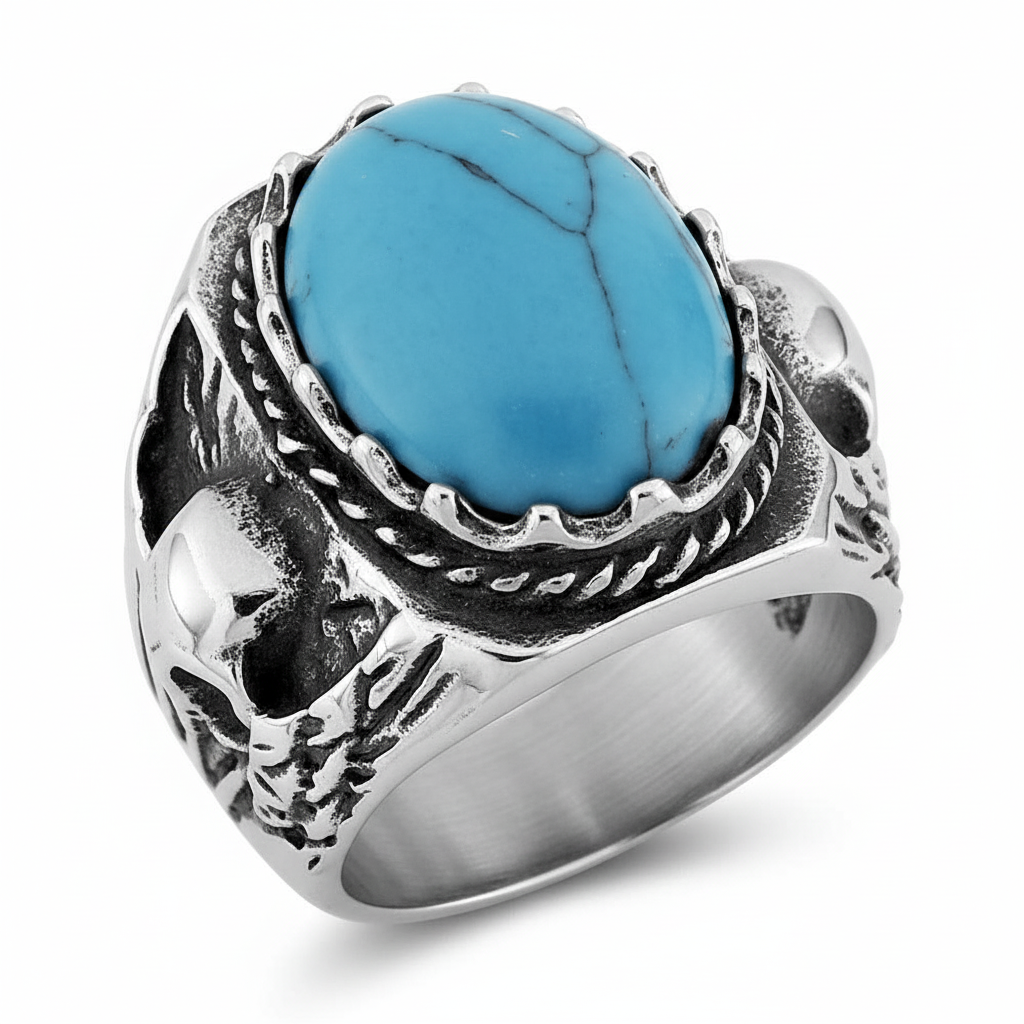 Chevalière Homme Acier Noirci Turquoise - Bague