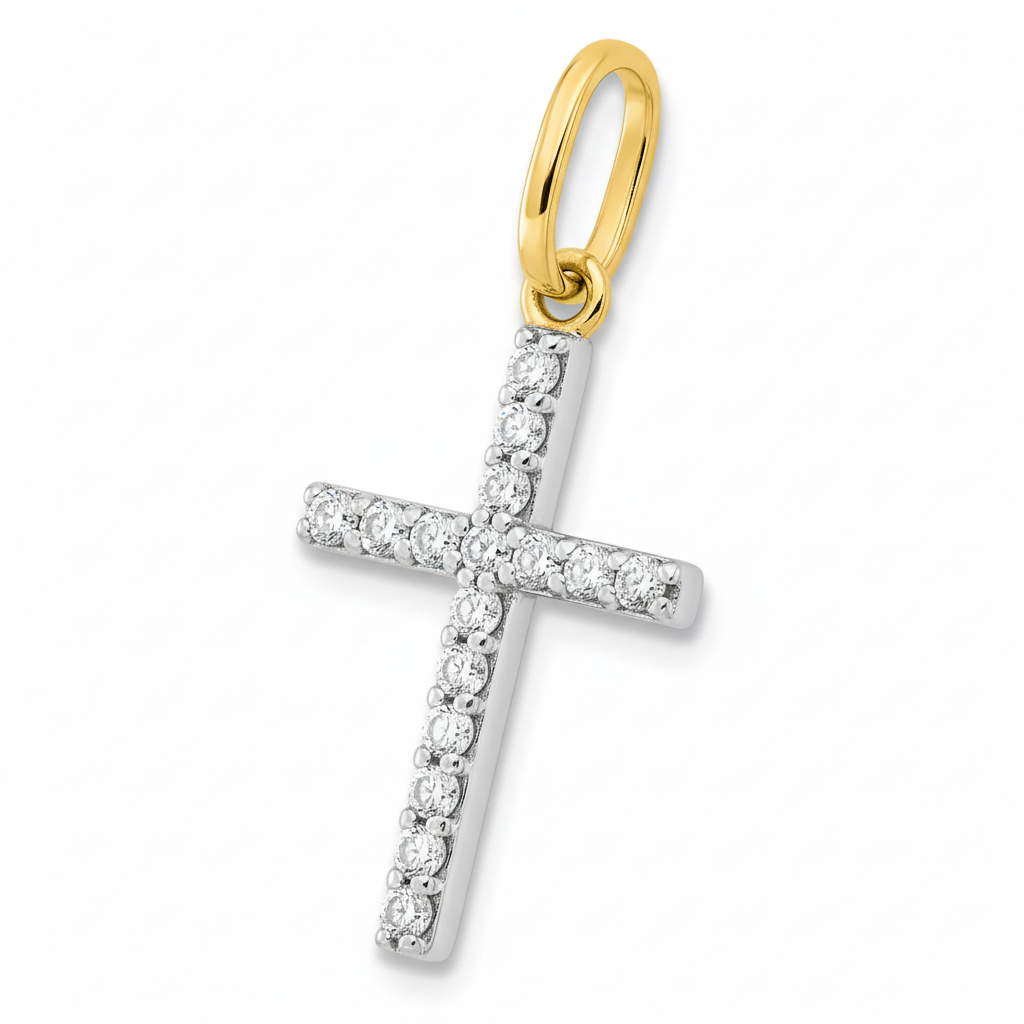 Pendentif Médaille Plaqué Or Rhodié Zirconium Croix Chrétienne