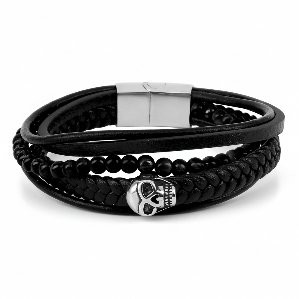 Bracelet Homme Acier Largeur 10mm Agate Noir Tête de Mort - Bracelet