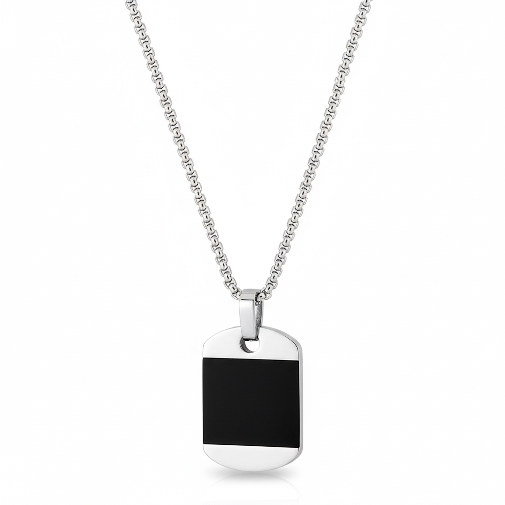 Collier Homme Acier Longueur 60cm Agate Noir - Collier