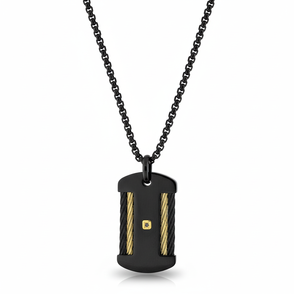 Collier Homme Acier Noir et Jaune IP Longueur 50cm Diamant 0.005ct Noir