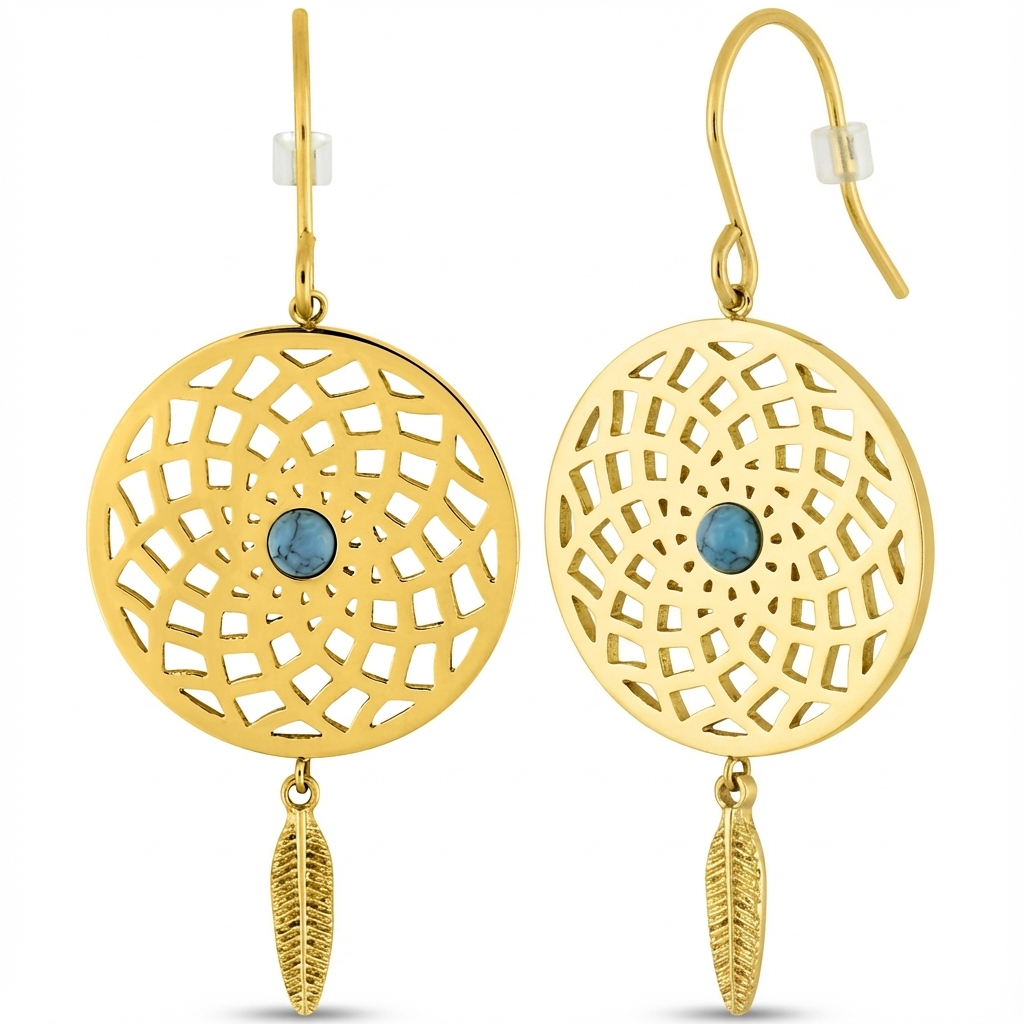 Boucles d'oreilles Acier Doré Turquoise Pampille Plume