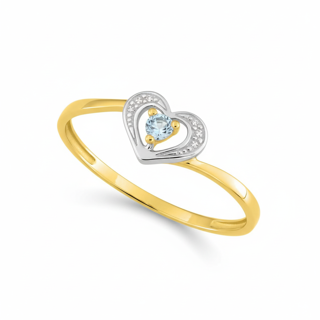Bague Or Blanc et Jaune 9k Rhodié bleu Topaze Coeur