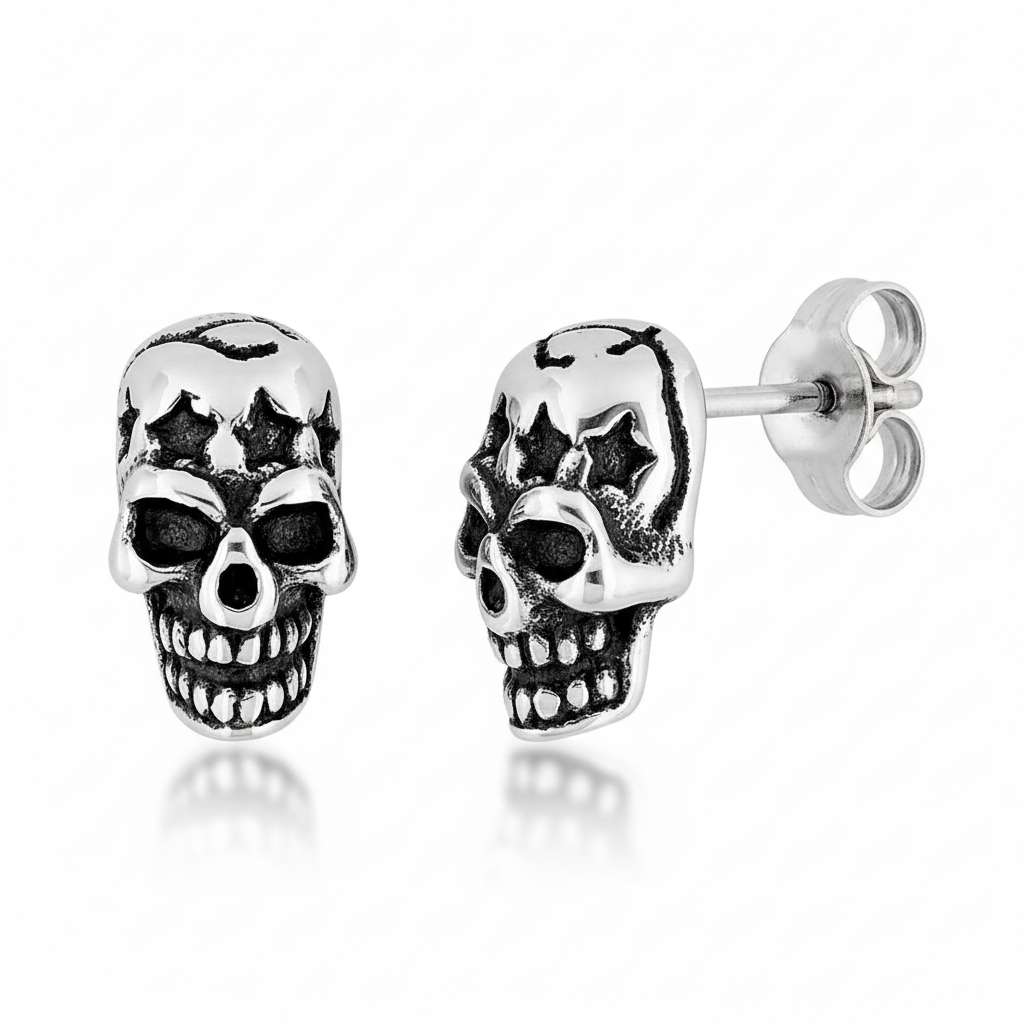 Boucles d'oreilles Clous Homme Acier Noirci Largeur 3.5mm Tête de Mort - Boucles d'oreilles