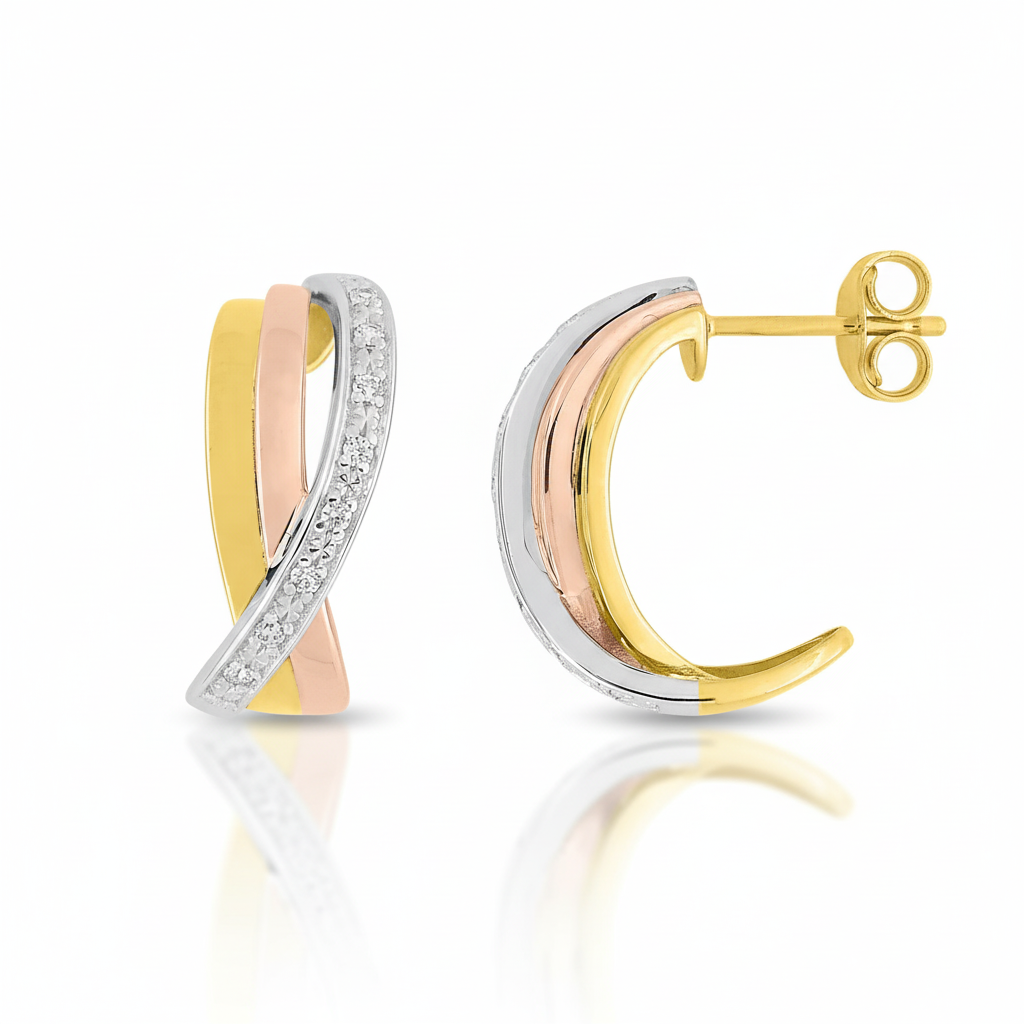 Boucles d'oreilles Demi-créoles Or Jaune Blanc et Rose Diamant 0.08ct GH P2P3 - Boucles d'oreilles