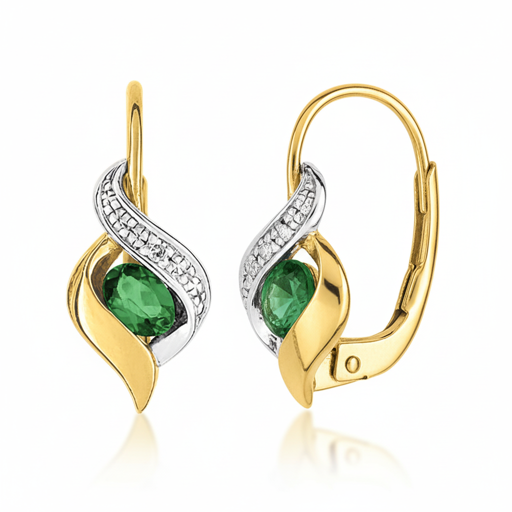 Boucles d'oreilles Dormeuses Or 18k Rhodié Diamant 0.01ct GH P1 Emeraude - Boucles d'oreilles