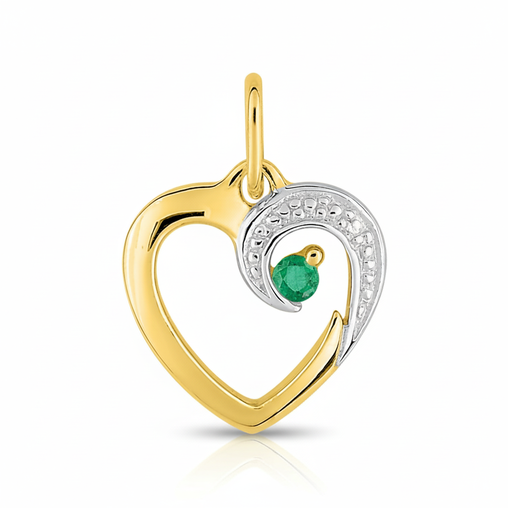 Pendentif Médaille Or 18k Rhodié Emeraude Coeur