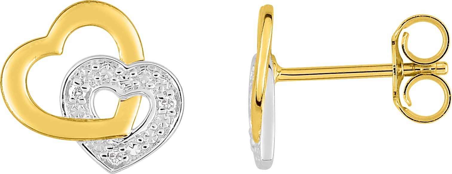 Boucles d'oreilles Clous Or Jaune et Blanc 18k Diamant 0.018ct GH P1 Coeur