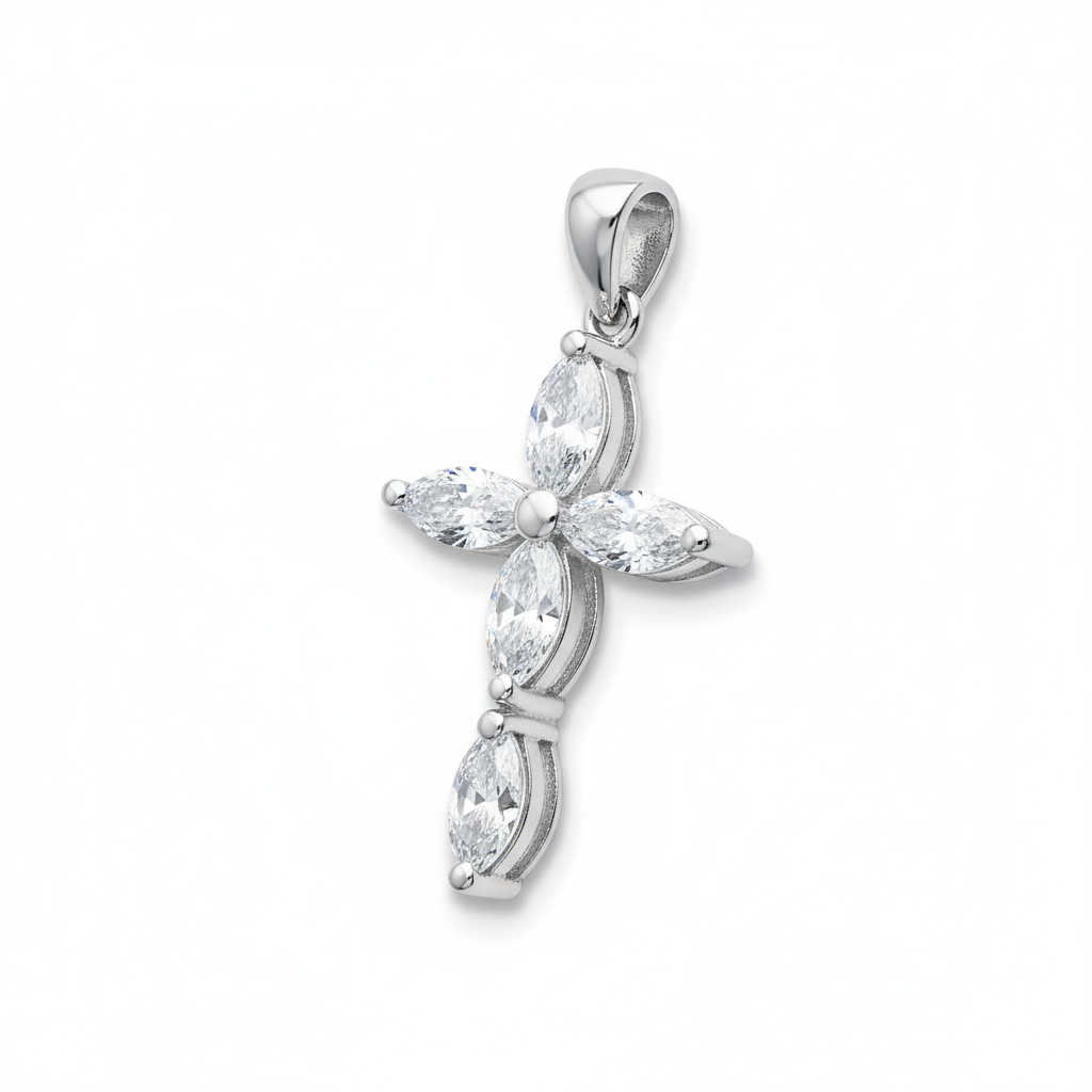 Pendentif Argent Rhodié Zirconium Croix Chrétienne
