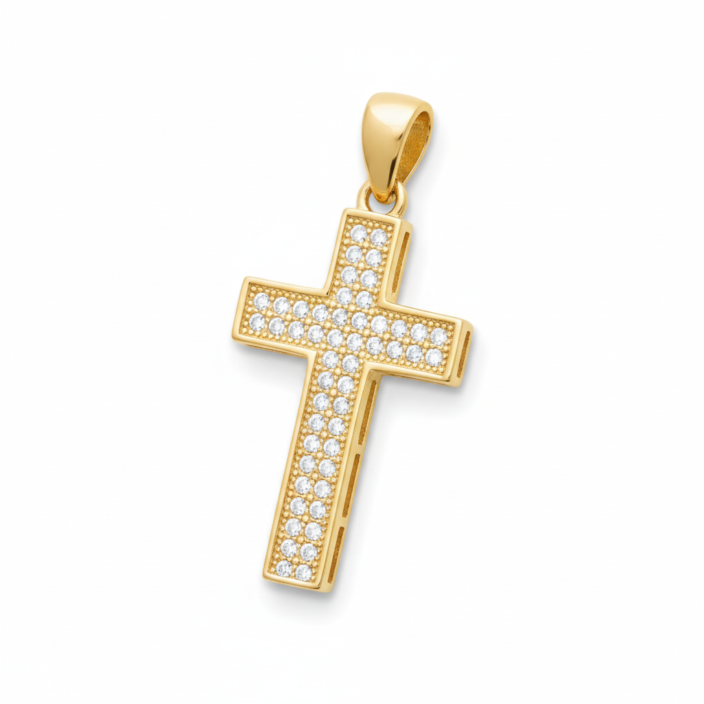 Pendentif Plaqué Or Zirconium Croix Chrétienne - Pendentif