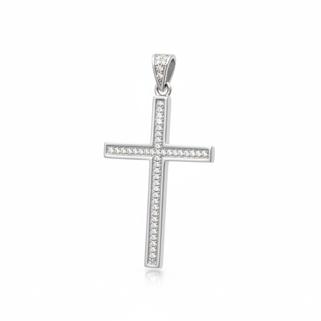 Pendentif Argent Rhodié Zirconium Croix Chrétienne - Pendentif