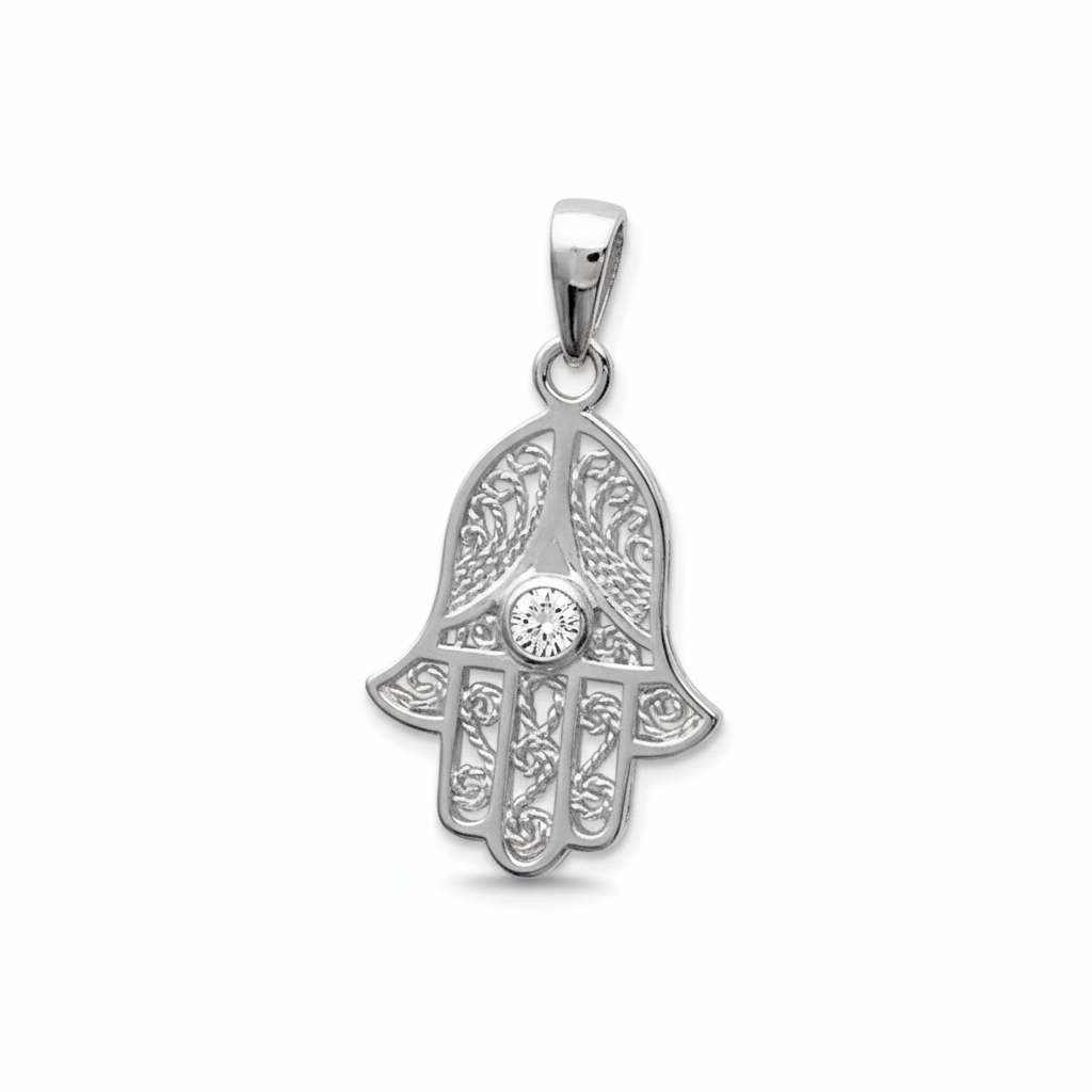 Pendentif Argent Rhodié Zirconium Main de Fatma