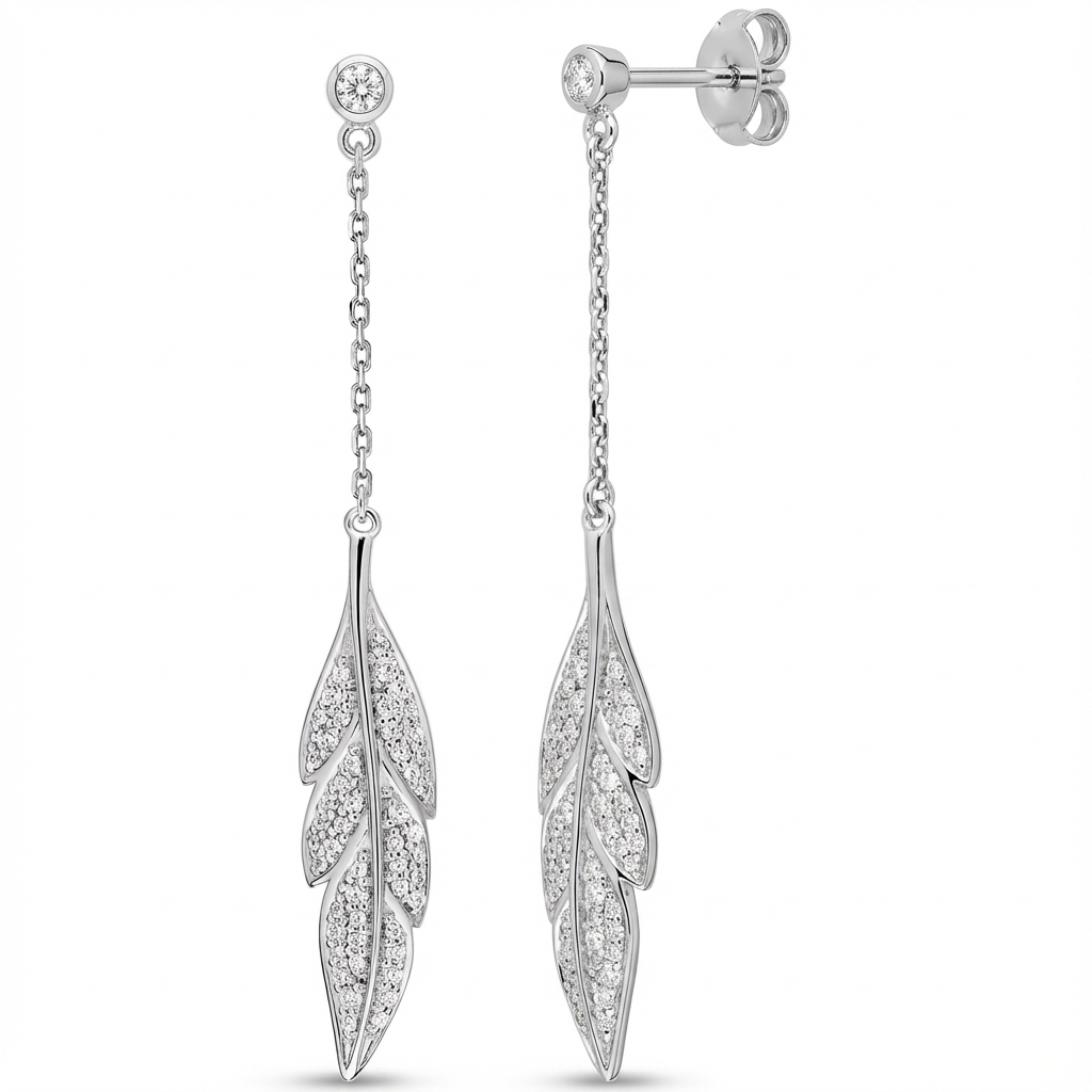 Boucles d'oreilles Pendantes Argent Rhodié Zirconium Plume