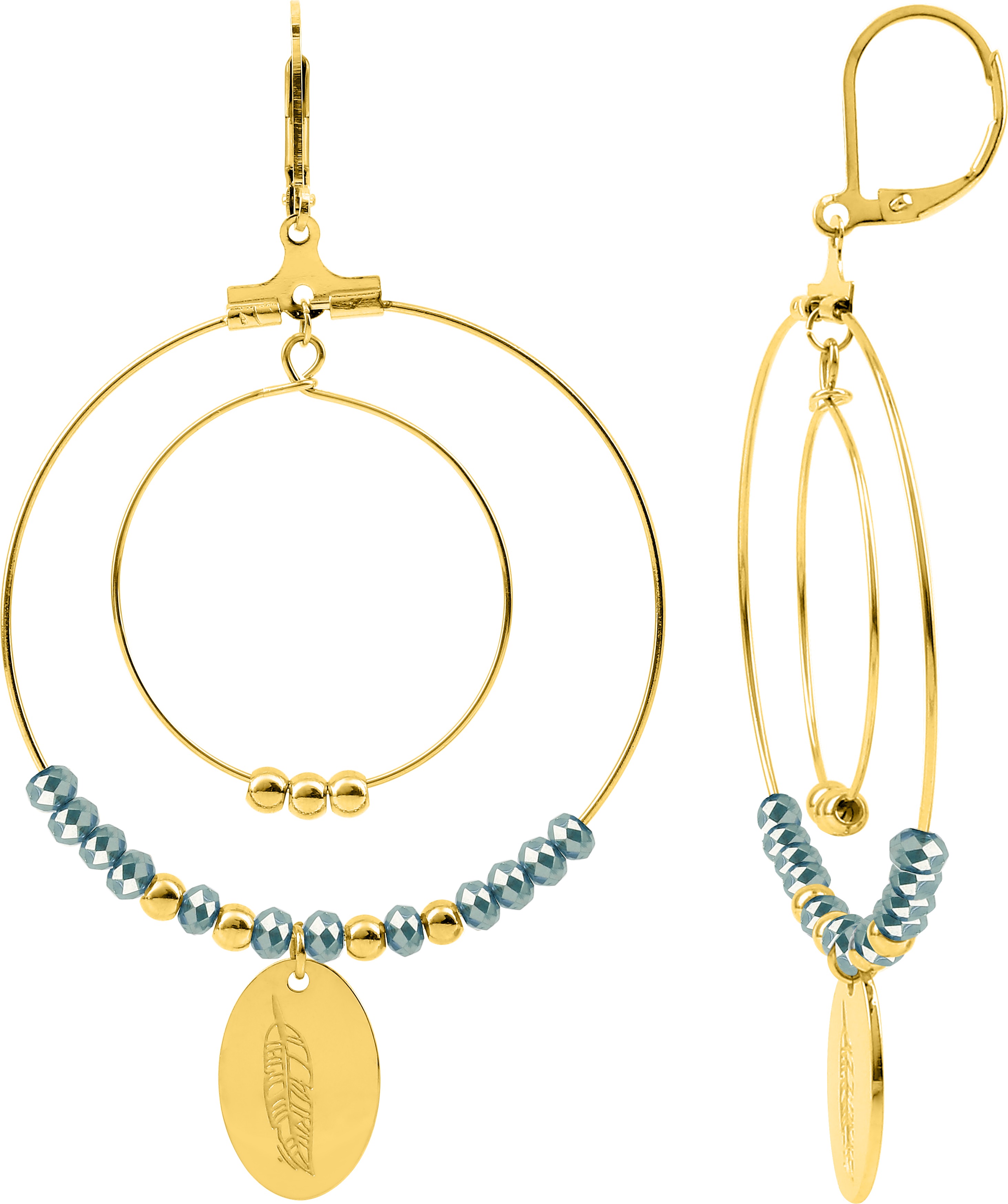 Boucles d'oreilles Dormeuses Acier Doré Cristal Turquois Pampille - Boucles d'oreilles