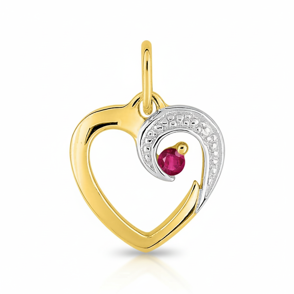 Pendentif Médaille Or 18k Rhodié Rubis Coeur