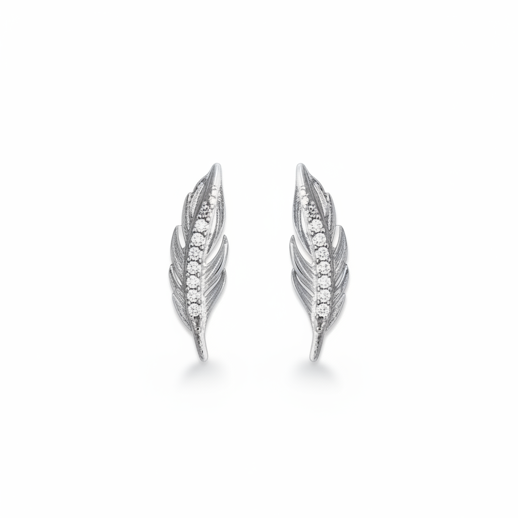 Boucles d'oreilles Clous Argent Rhodié Zirconium Plume