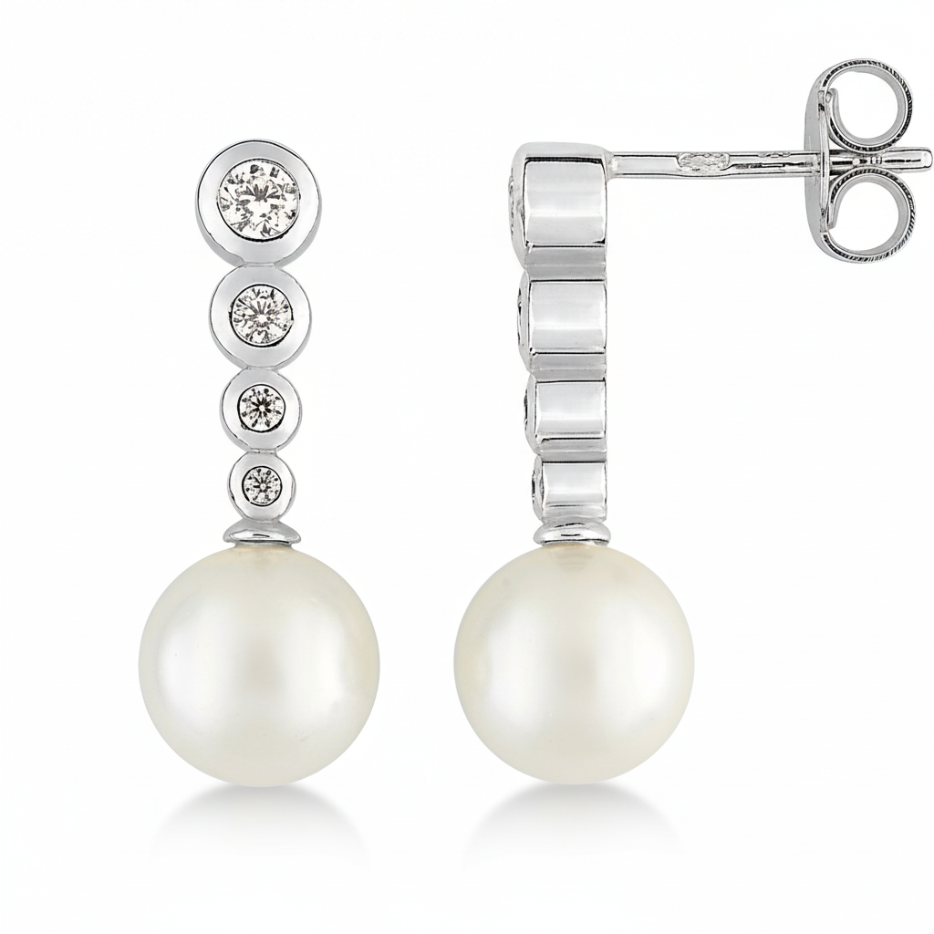 Boucles d'oreilles Pendantes Argent Rhodié Diamètre 8mm Zirconium Perles d'imitation - Boucles d'oreilles