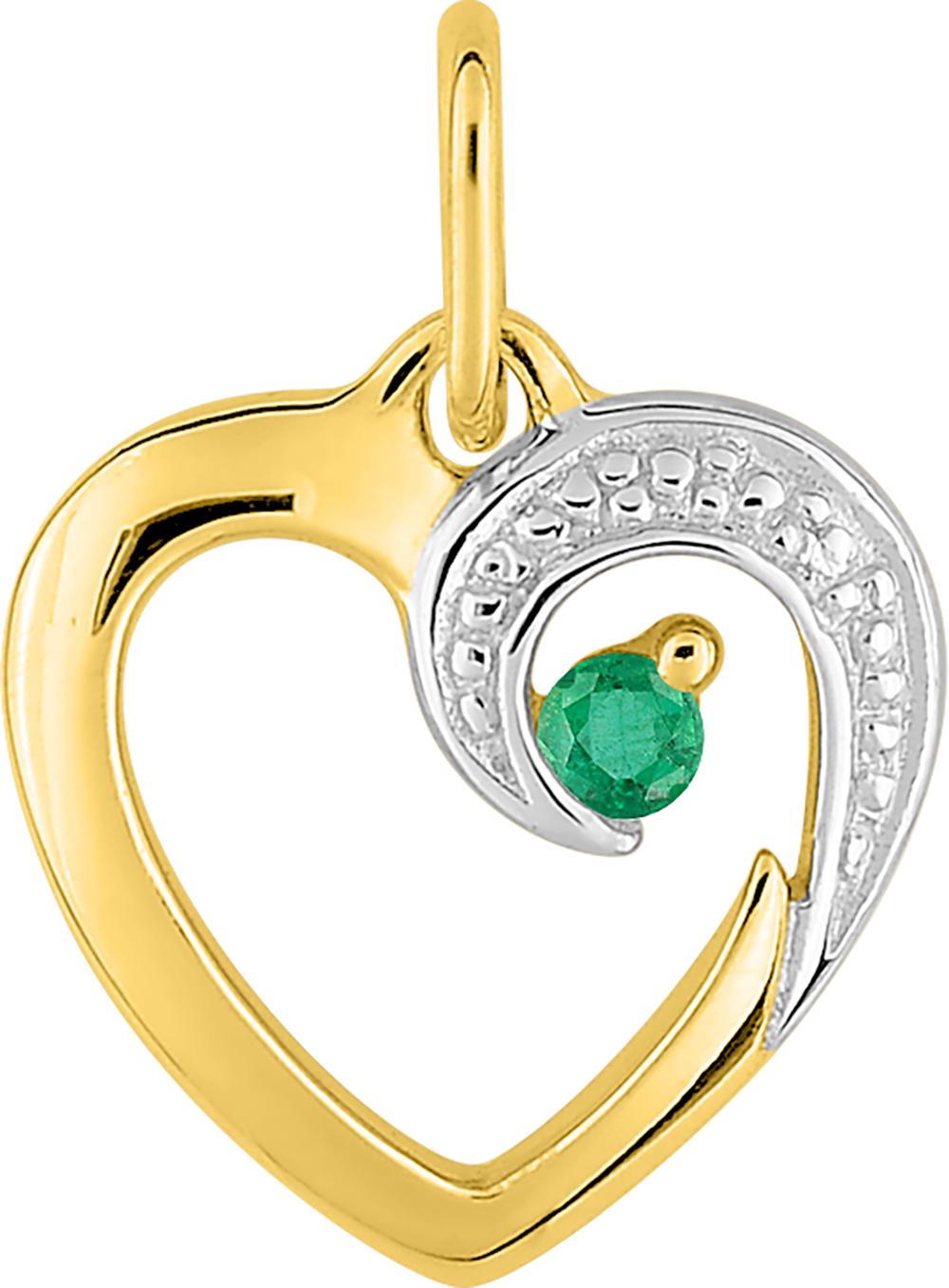 Pendentif Médaille Or Rhodié Emeraude Coeur