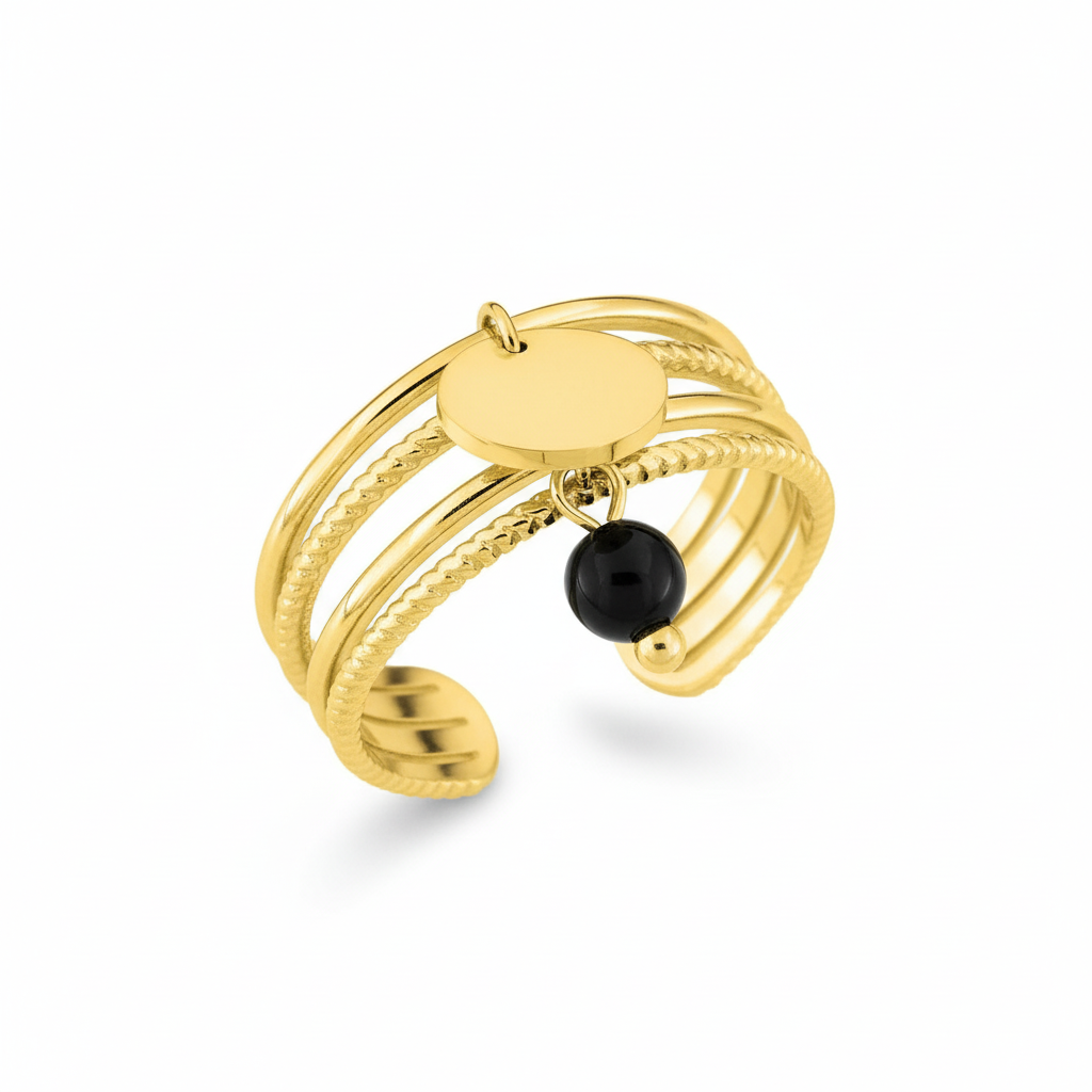 Bague Acier Doré Largeur 12mm Agate Noir