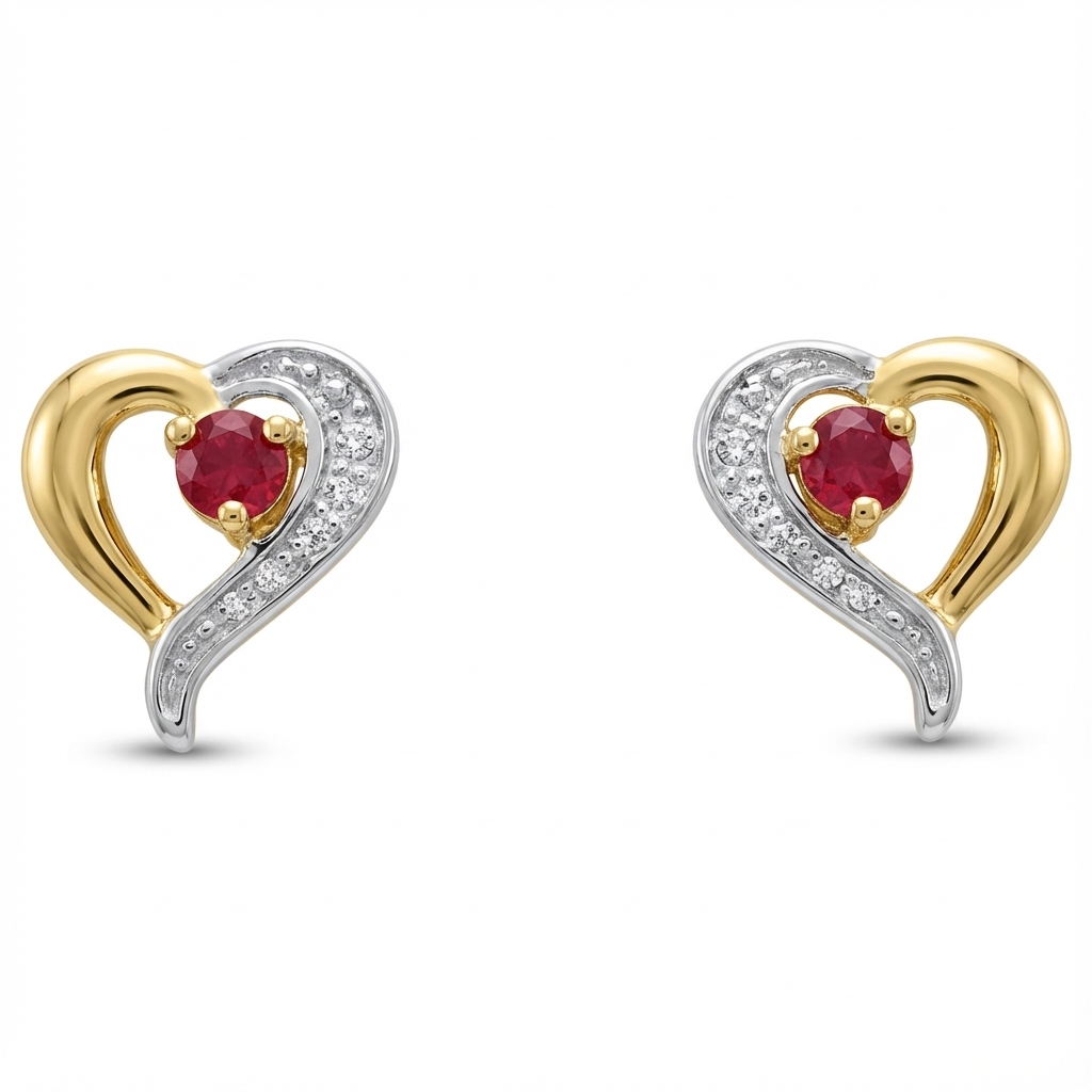 Boucles d'oreilles Clous Or 18k Rhodié Rubis Coeur