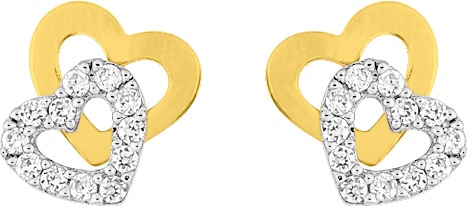 Boucles d'oreilles Clous Plaqué Or Blanc et Jaune Rhodié Zirconium Coeur