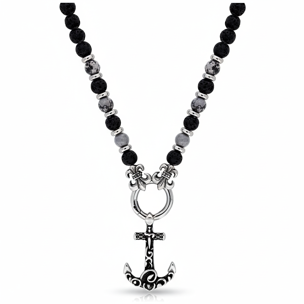 Collier Homme Acier Noirci Longueur 55cm Ancre Marine - Collier