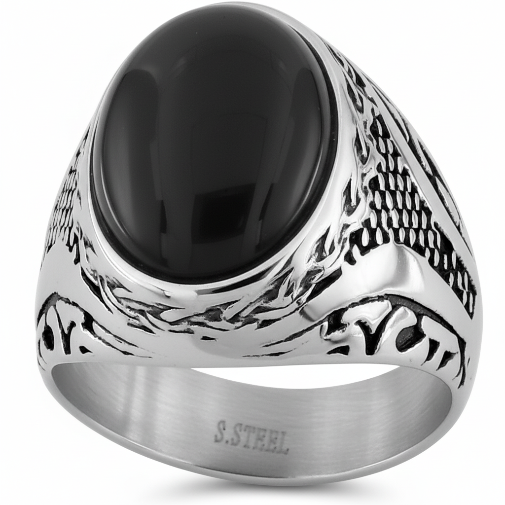 Chevalière Homme Acier Agate Noir - Bague