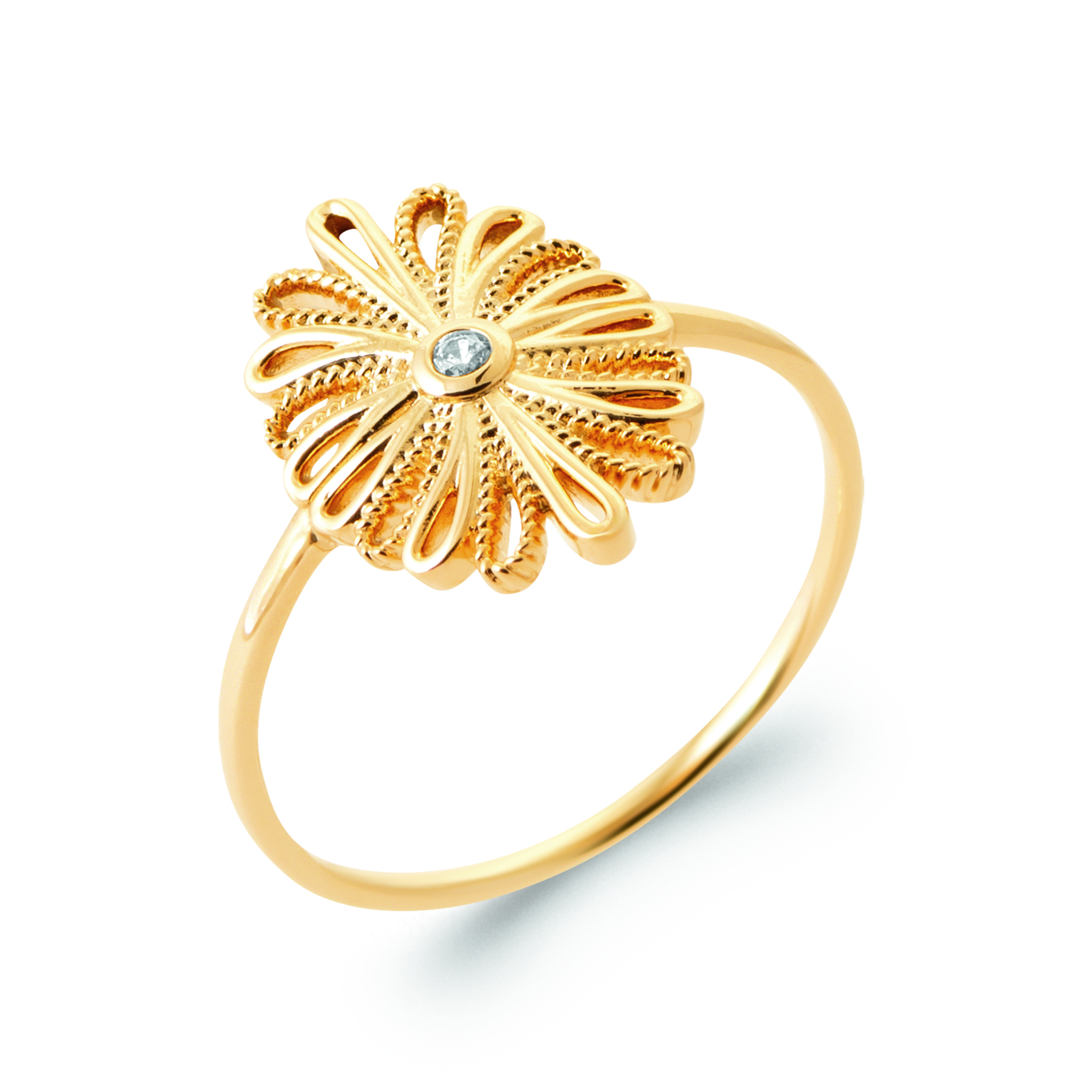 Bague Plaqué Or Zirconium Végétal Joaillerie Texturé