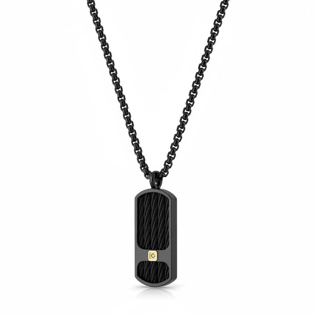 Collier Homme Acier Noir et Jaune IP Longueur 50cm Diamant 0.005ct Noir