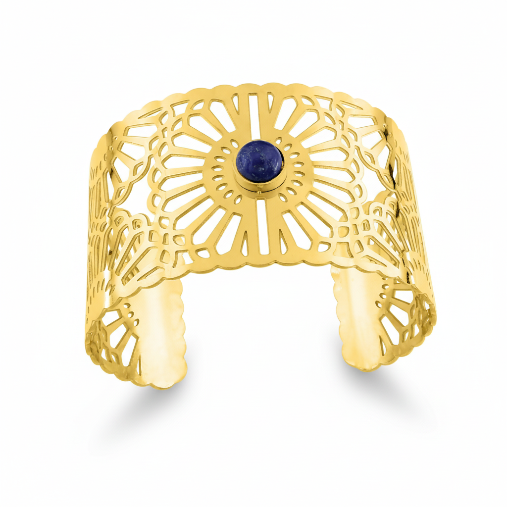 Bracelet Manchette Acier Doré Lapis Lazuli - Bracelet